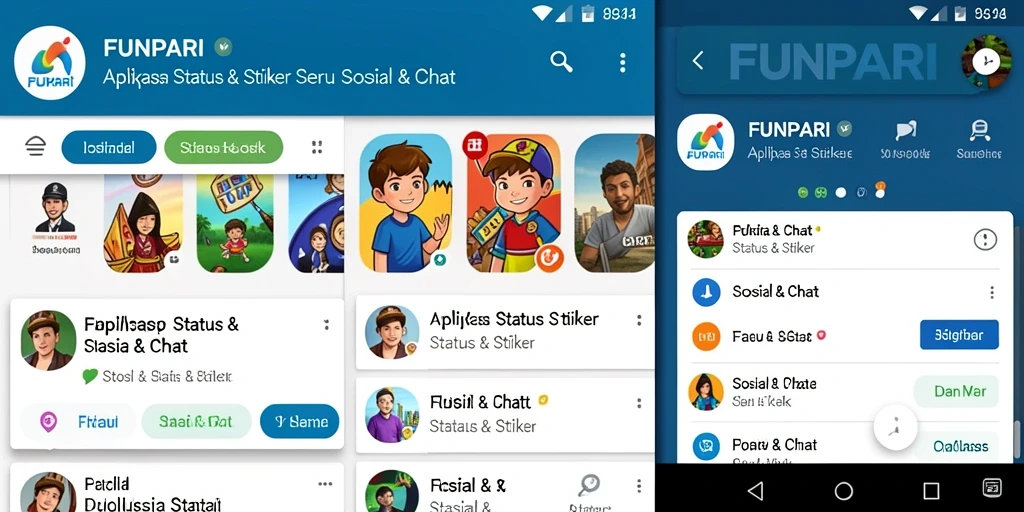 Antarmuka FUNPARI yang interaktif dengan stiker dan status kreatif.